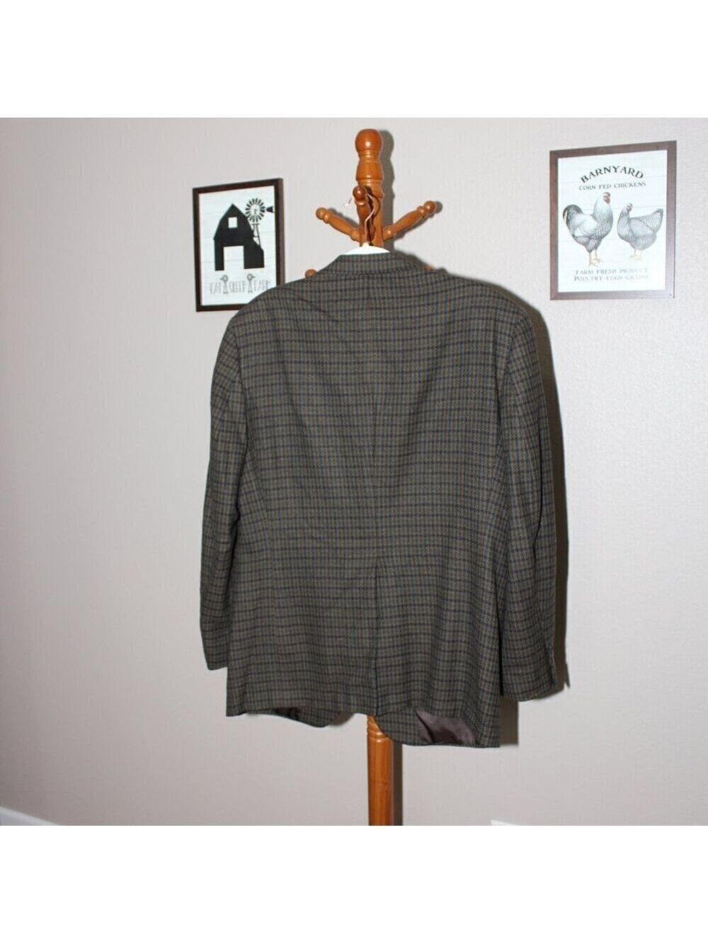 Burberrys Mens Vintage Sport Coat Wool Green Navy Houndstooth see measurements - Picture 3 of 14